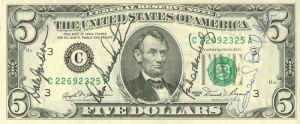 Astronaut Autographed 5 Dollar Bill - SOLD
